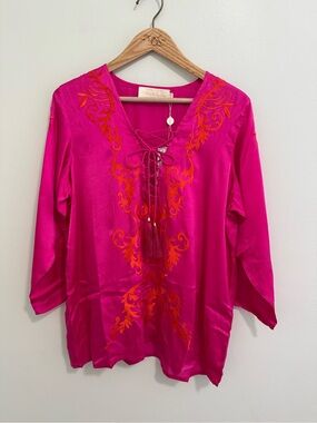 Katherine Kelly Lang NWT 100% Silk Pink Kaftan Tunic Top